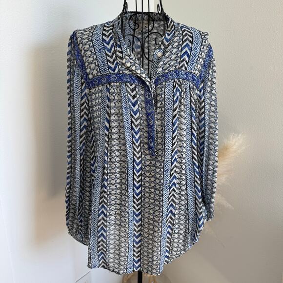Lucky Brand Blue Geometric Print Beaded Tunic Sheer Long Sleeve Top Medium - Picture 1 of 12